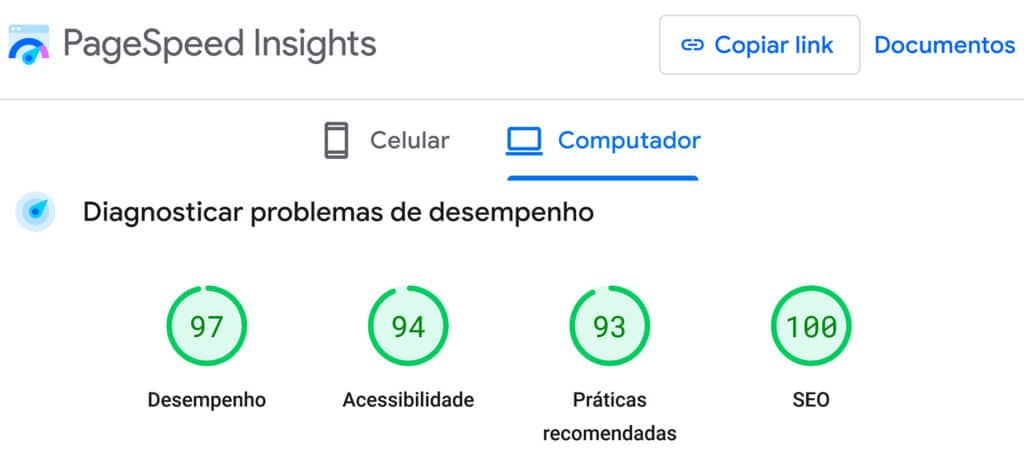 Testar a velocidade do site page speed insights
