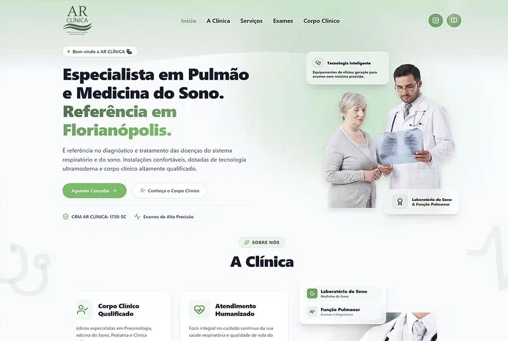 Página inicial do novo site da AR Clínica. Projeto de criação de sites para clínicas focado em design humanizado, conversão e SEO.